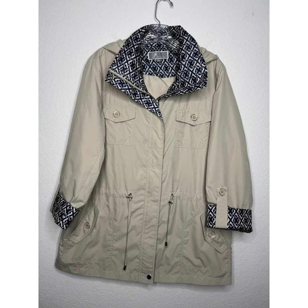 JM Collection Womens Tan Khaki Hooded Utility Rain Jacket Contrast Trim Size‎ L